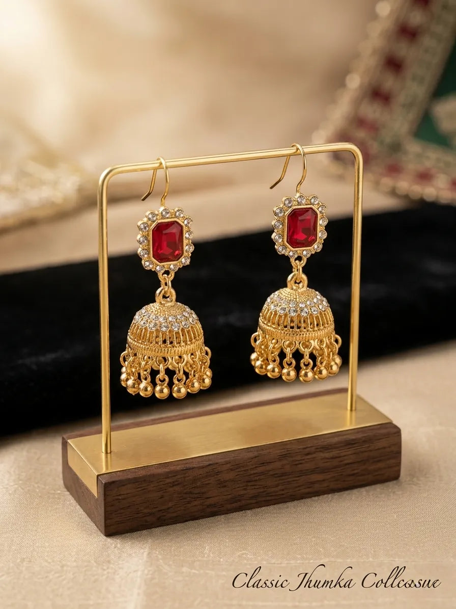 Gold Plated Crystal Jhumka Earrings for Women – Elegant Fancy Multicolor Traditional Earrings (2 Pcs Set)