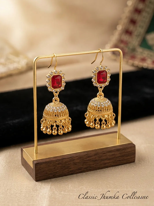 Gold Plated Crystal Jhumka Earrings for Women – Elegant Fancy Multicolor Traditional Earrings (2 Pcs Set)